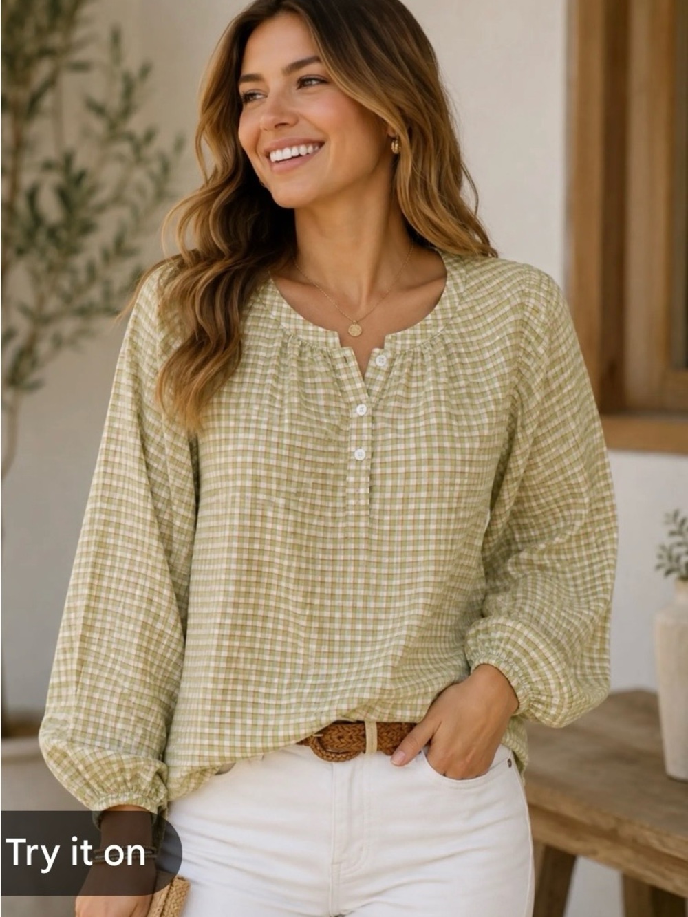 NWT Max Studio Light Green Gingham Button-Down balloon arm cotton Blouse size M